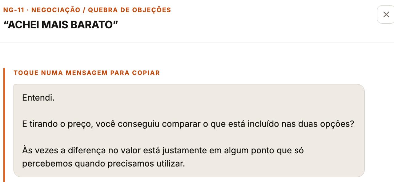 Print real da plataforma: script NG-11, negociação e quebra de objeções, achei mais barato, com mensagem pronta para copiar